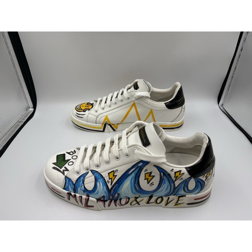 Dolce & Gabbana Portofino Graffiti Sneakers White Leather Men Size 10 US 11 - Picture 3 of 16